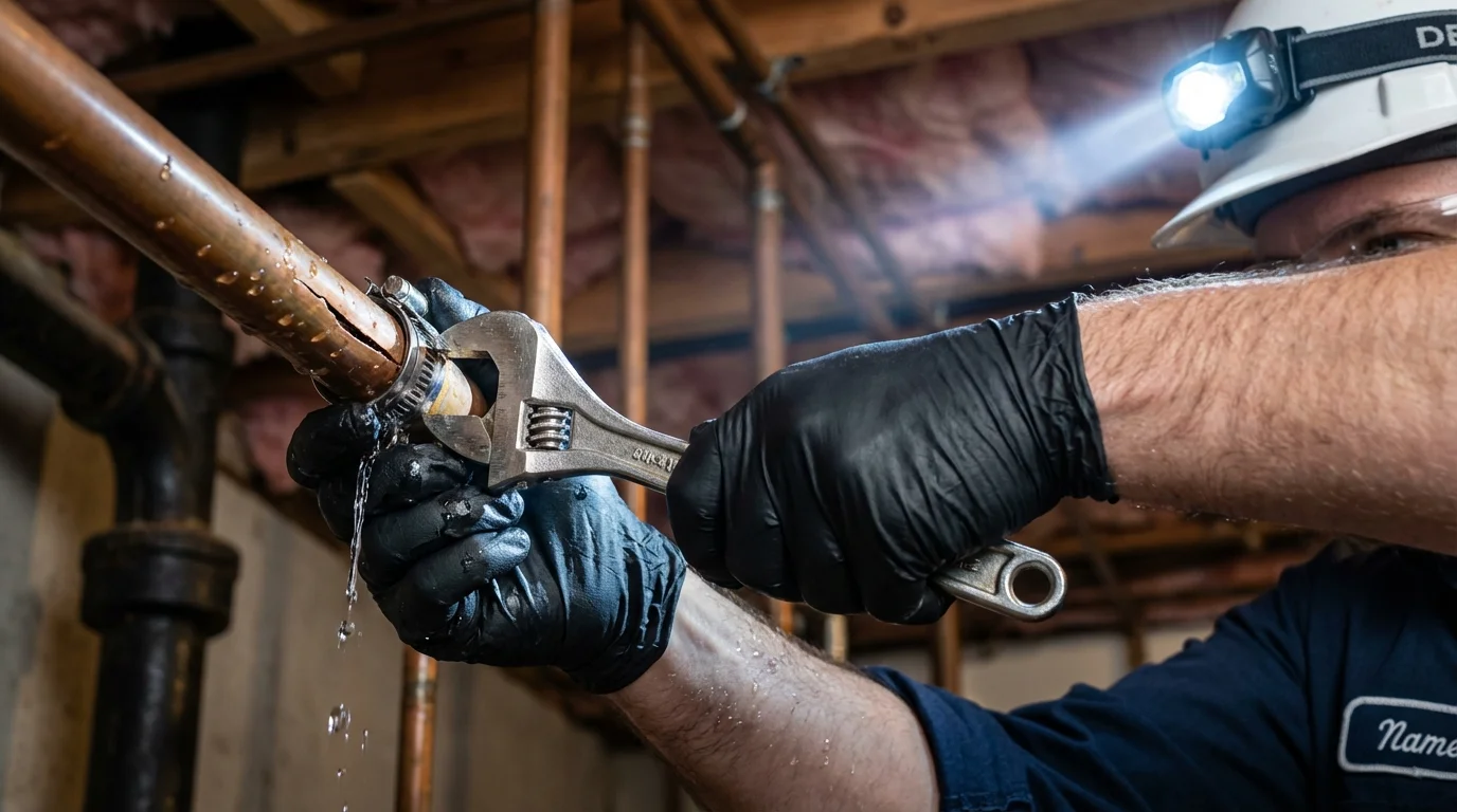 Emergency pipe clamp repair being performed by a Johns Plumbing LLC plumber in Silver Springs