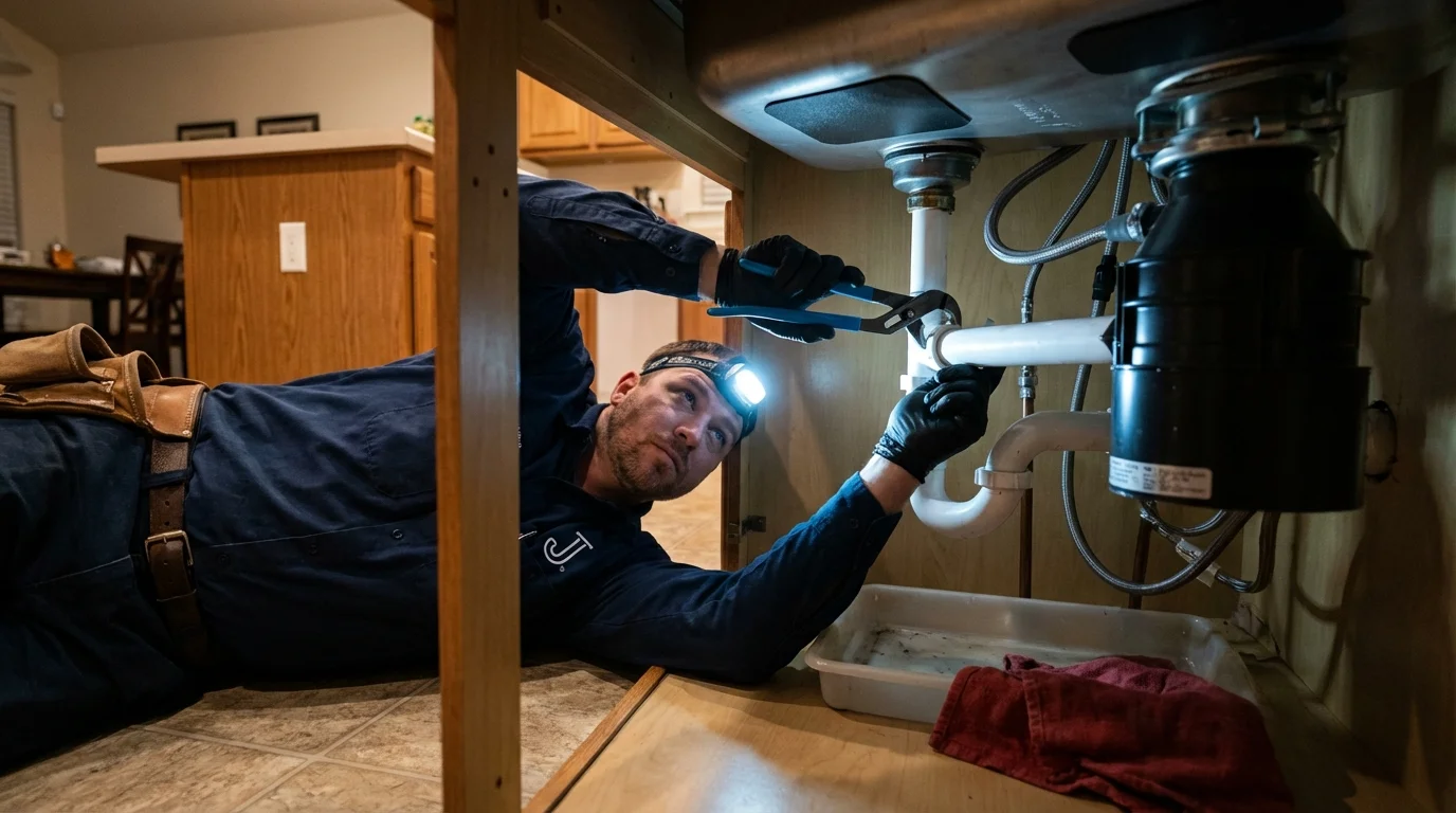 P-trap and supply line connections under a kitchen sink showing a common leak point in Silver Springs, NV